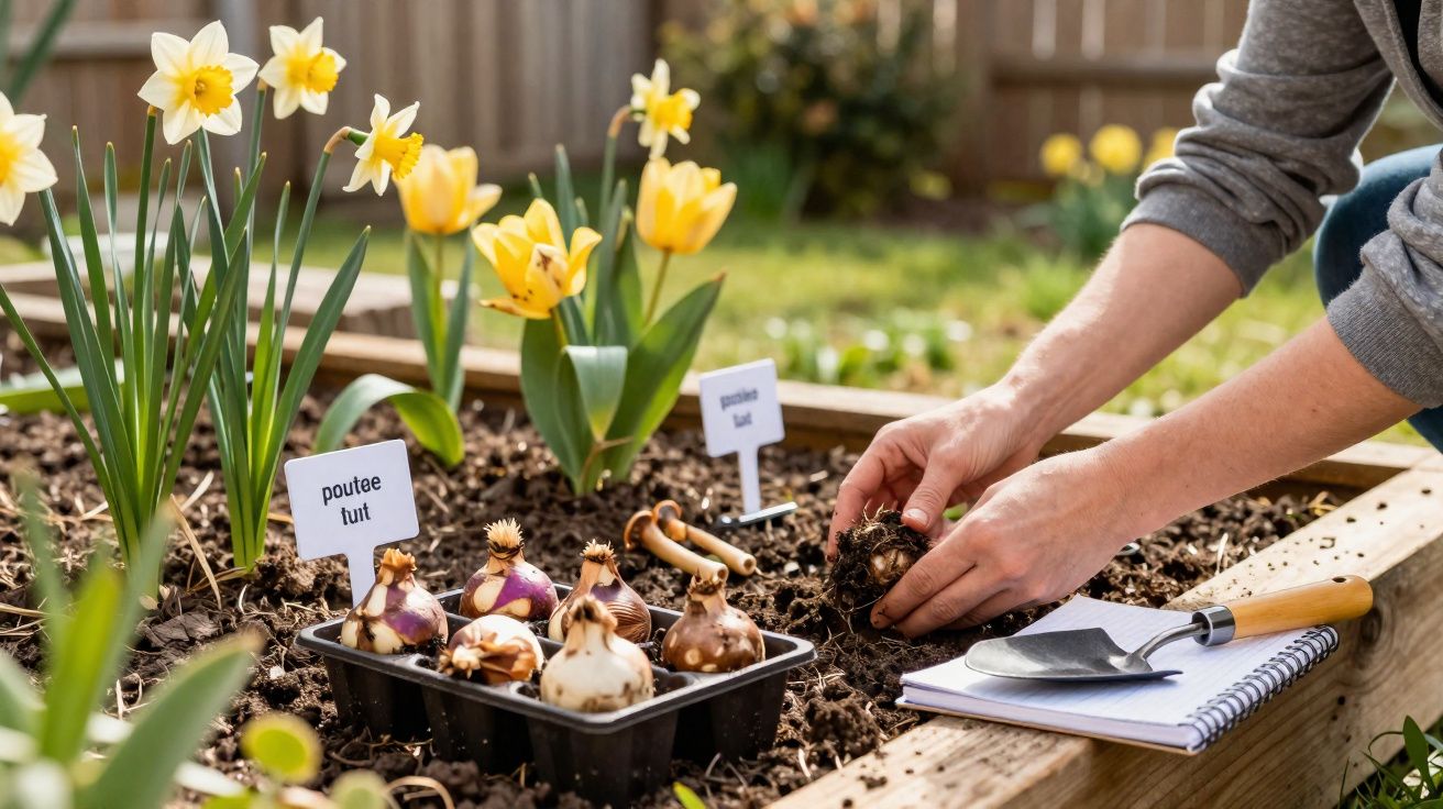 Pessoa a plantar bolbos de flores amarelas em canteiro de jardim com utensílios e caderno ao lado.