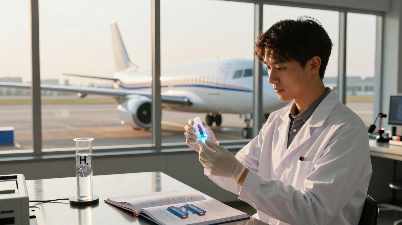 Cientista com bata branca analisa amostra luminosa num laboratório junto a avião estacionado.
