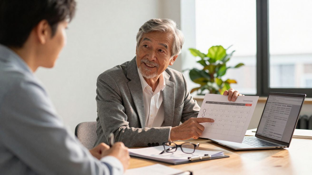Homem sénior a mostrar calendário a colega numa reunião de escritório iluminado natural.