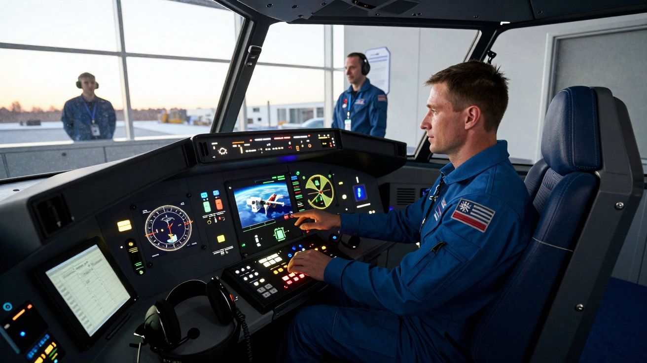 Homem em fato azul opera painel de controlo tecnológico numa cabine com duas pessoas ao fundo.