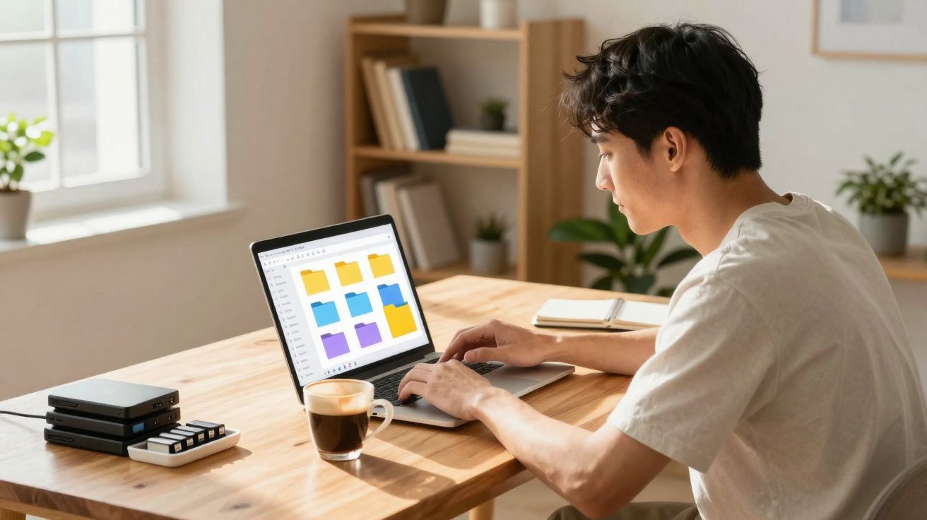 Pessoa a usar computador portátil com pastas abertas, sentado numa mesa de madeira com café ao lado.