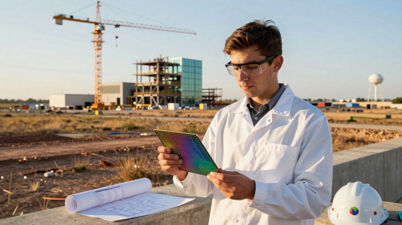 Engenheiro com bata e óculos de proteção analisa peça tecnológica num estaleiro de construção.