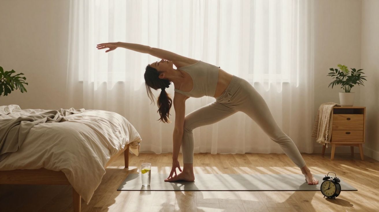 Mulher a fazer yoga na diagonal perto da cama, com relógio e copo de água no chão numa sala iluminada.