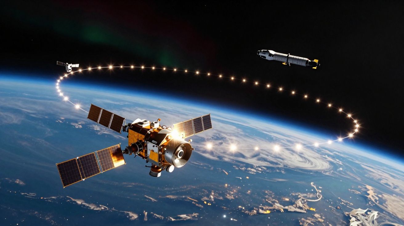 Satélite em órbita da Terra com luzes a marcar a trajetória de um objeto no espaço.