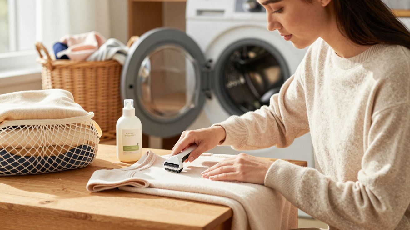 Mulher a remover pêlos de roupa com um removedor de pelusas numa mesa de madeira, máquina de lavar ao fundo.