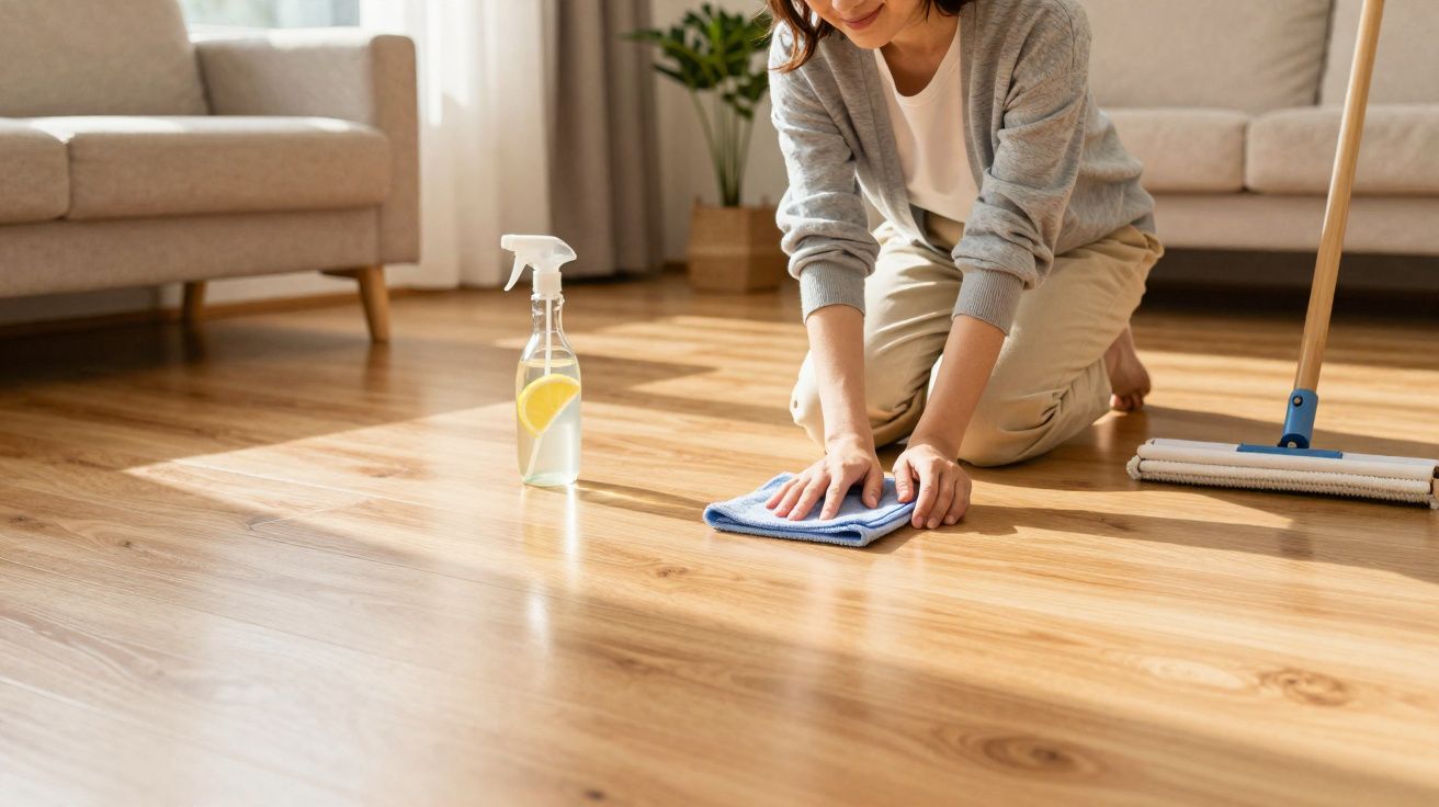 Pessoa a limpar chão de madeira com pano azul e produto de limpeza dentro de casa, perto de sofá.