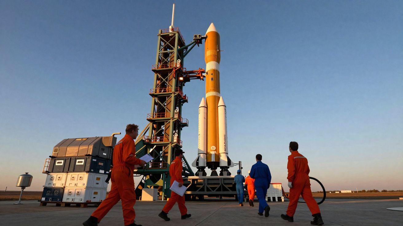 Técnicos em fato macaco caminham na plataforma junto a um foguetão pronto para lançamento ao entardecer.