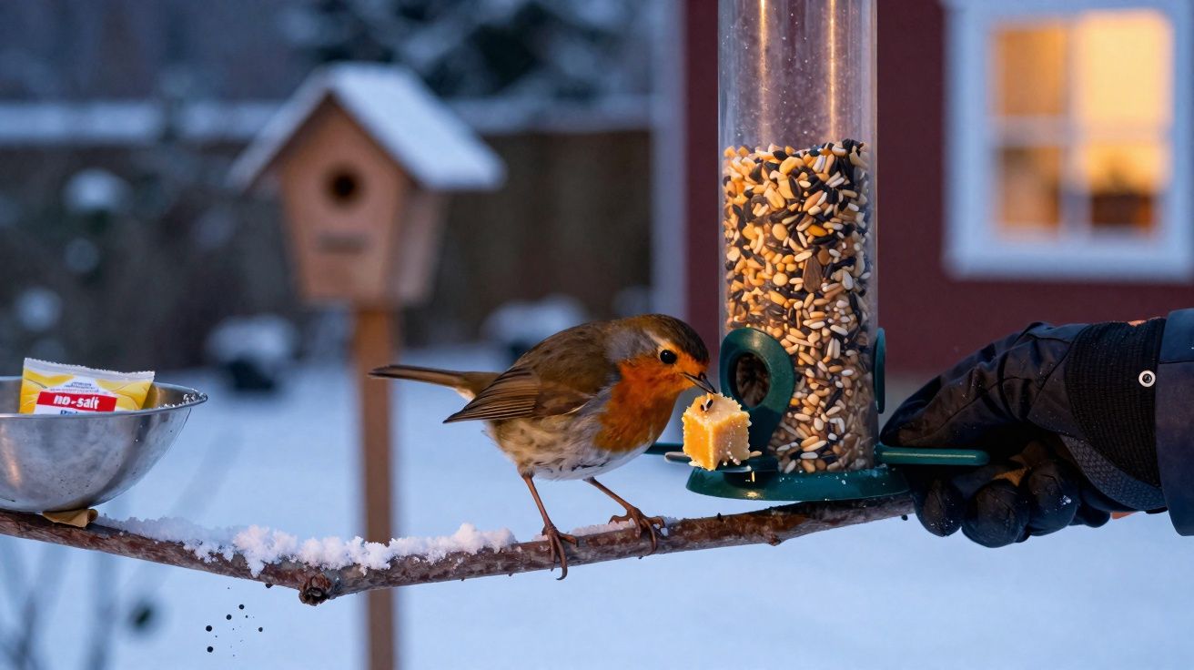 Pássaro com peito alaranjado alimenta-se numa mão com luva junto a alimentador de sementes na neve.