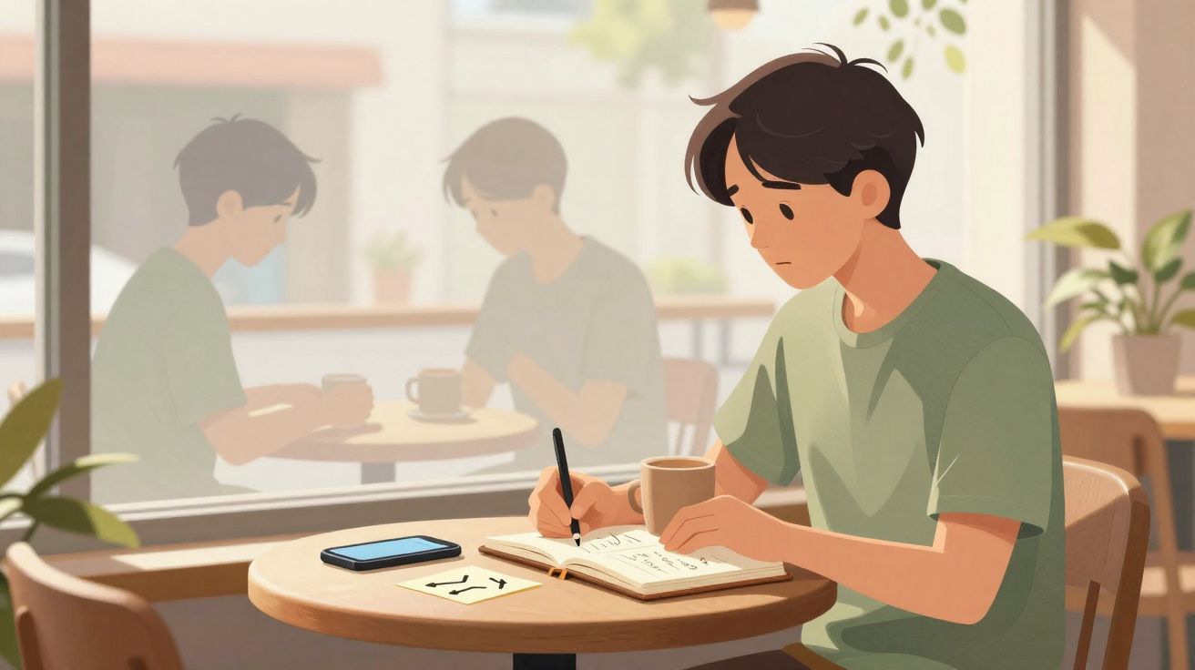 Jovem sentado numa mesa de café a escrever num caderno, com uma caneca e telemóvel à frente.