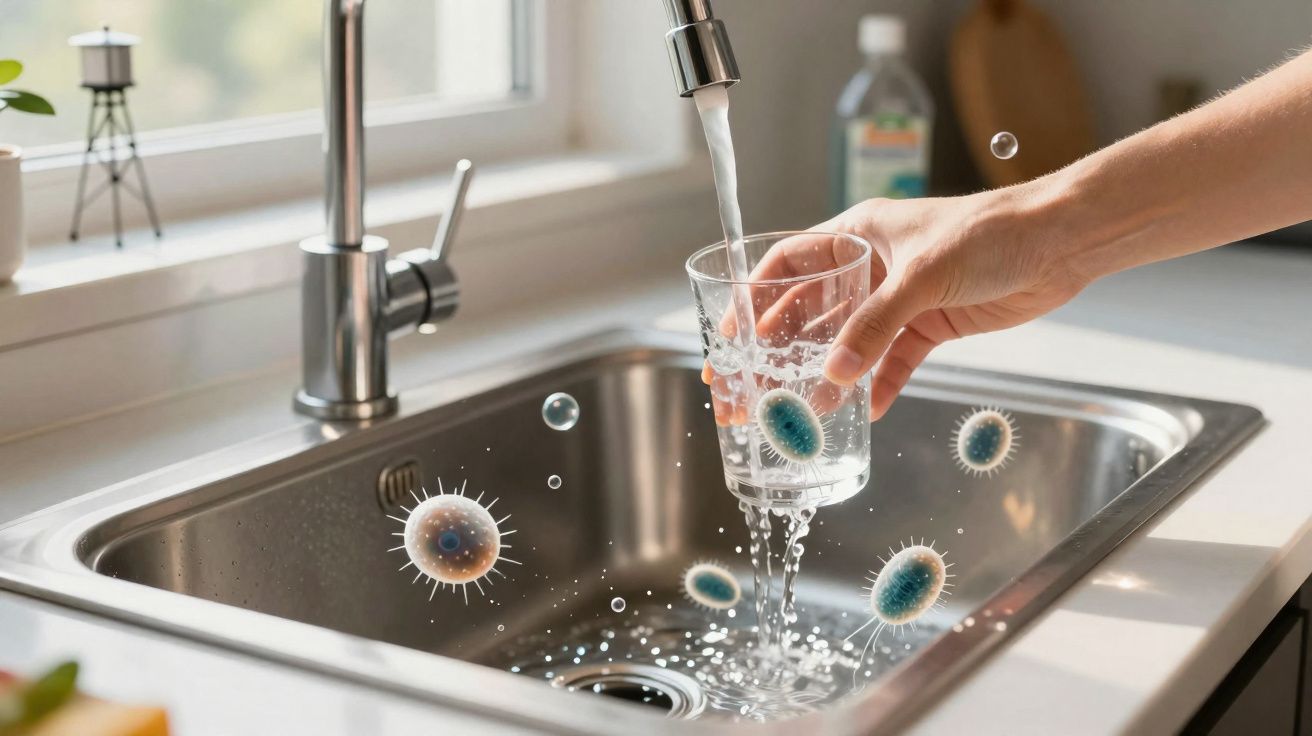 Mão a encher copo com água numa torneira sobre um lava-loiça, com ilustrações digitais de vírus ao redor.