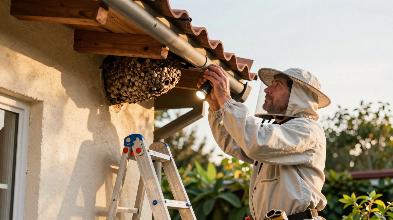 Apicultor equipado com roupa de proteção examina colmeia grande suspensa sob beiral de casa durante o dia.