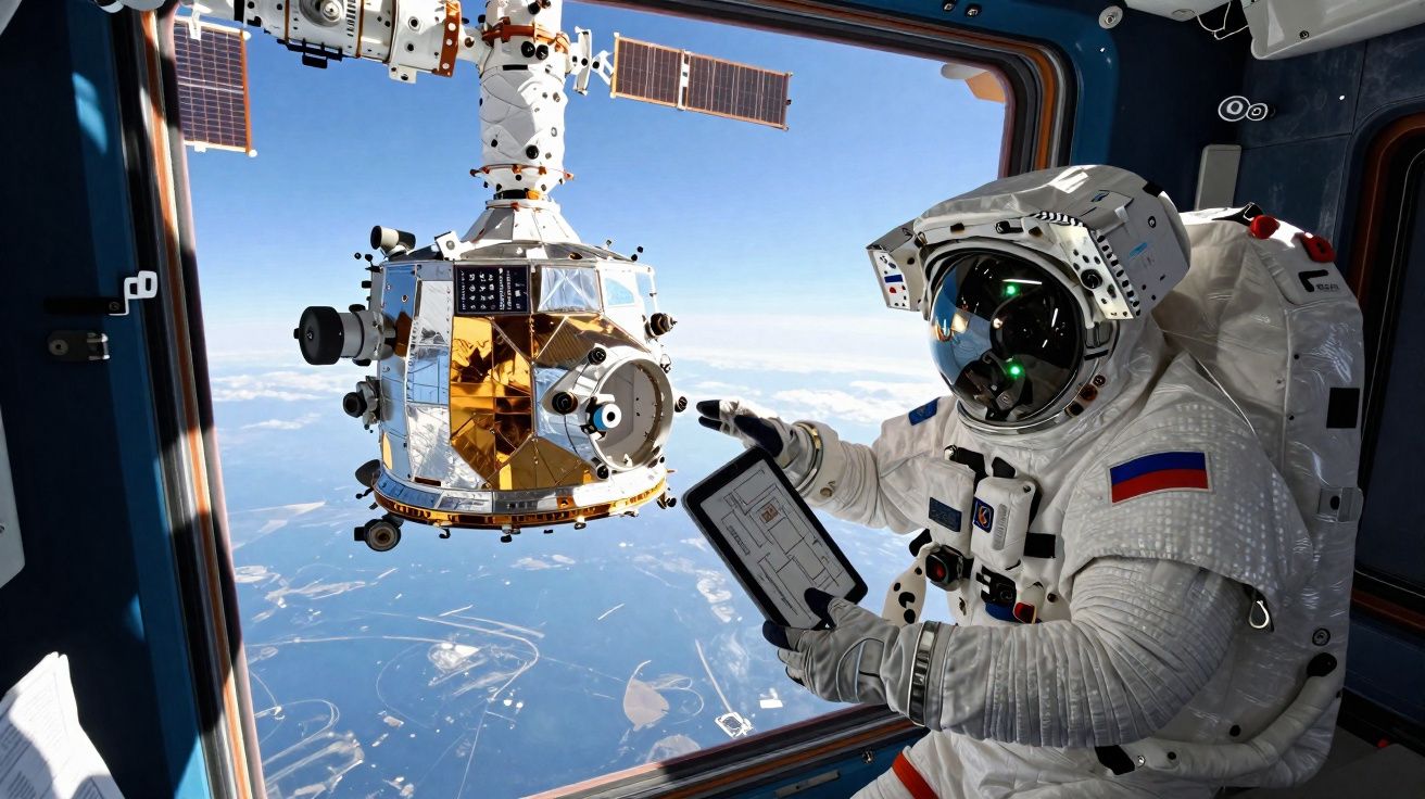 Astronauta russo em traje espacial na Estação Espacial Internacional, segurando tablet, com módulo à janela e Terra ao fundo.
