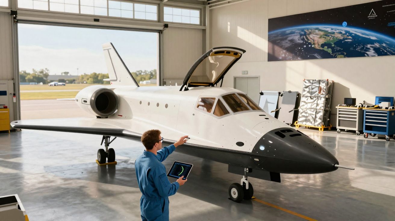Engenheiro inspeciona uma pequena nave espacial branca dentro de um hangar moderno com tablet na mão.