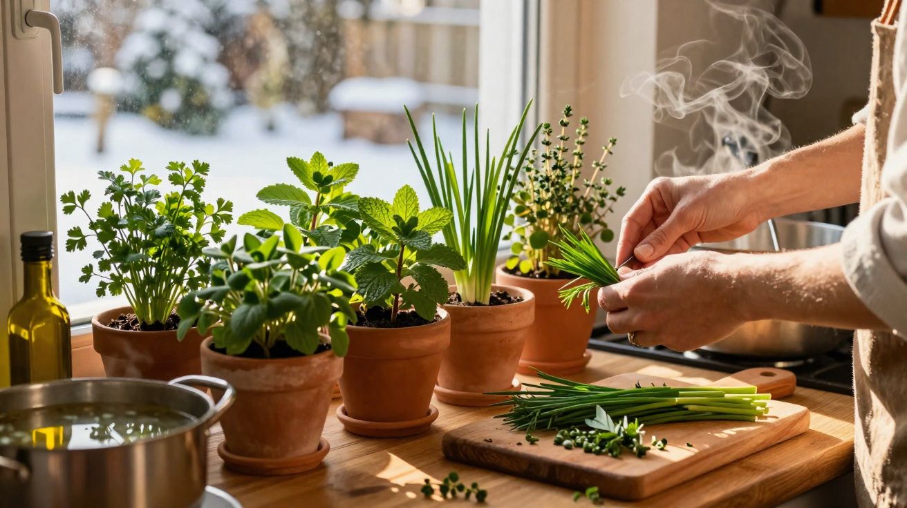 Mãos a cortar ervas frescas num tabuleiro de madeira numa cozinha com plantas em vasos à janela.