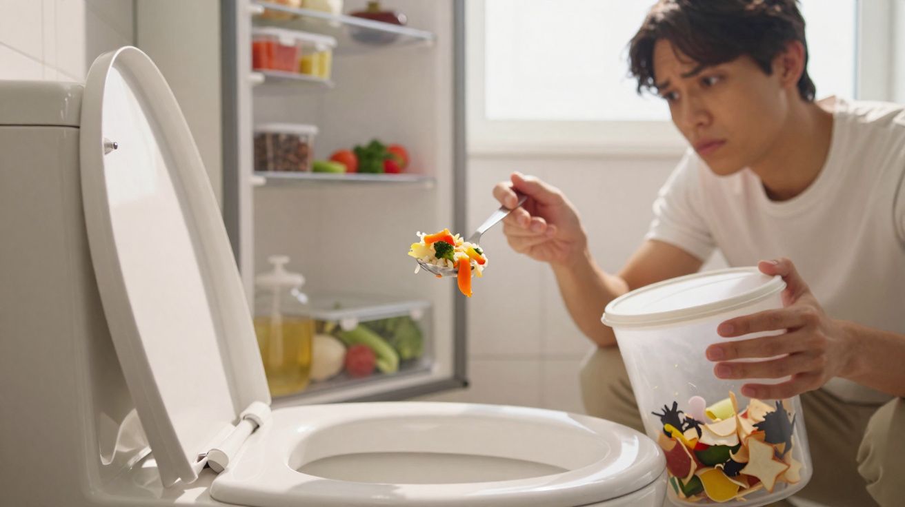 Homem prestes a deitar comida no vaso sanitário, com frigorífico aberto ao fundo.