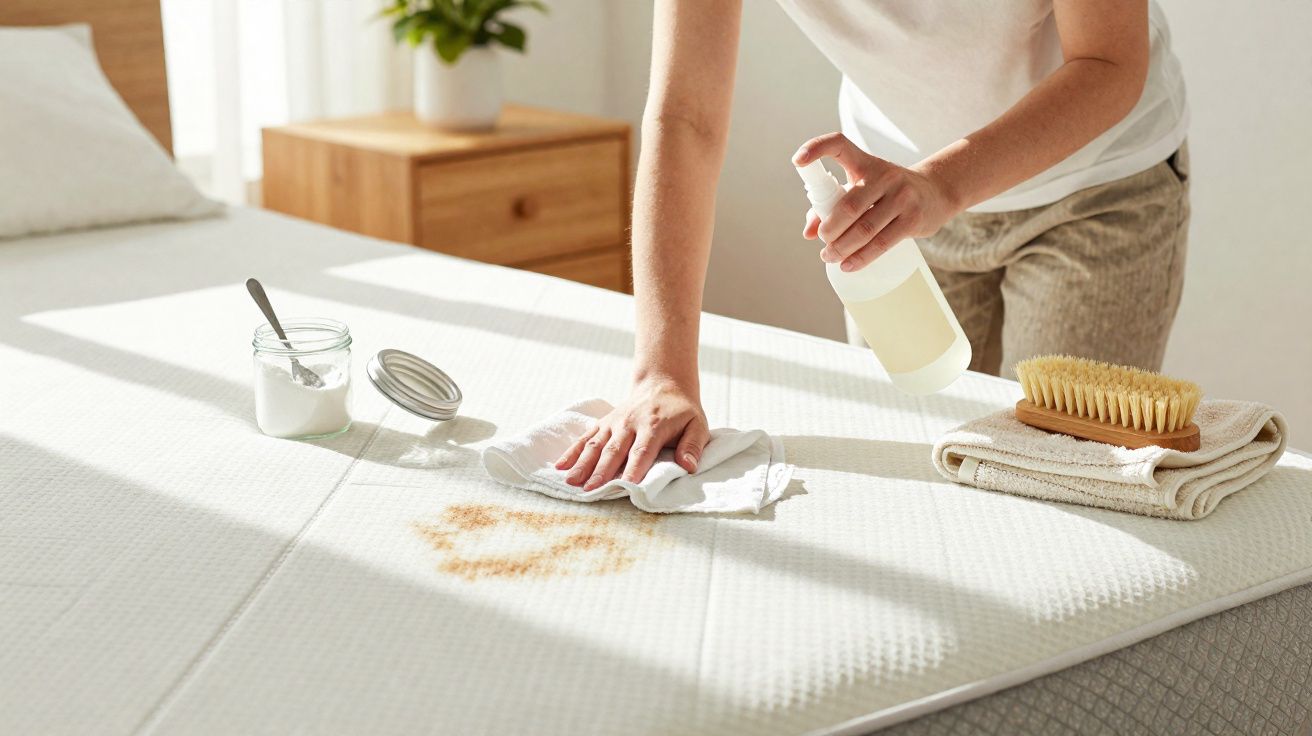 Pessoa a limpar nódoa de líquido numa cama branca com spray e pano numa manhã iluminada.