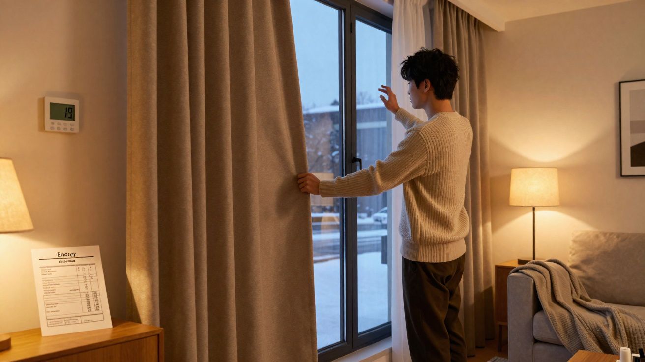 Pessoa em casa a abrir a cortina da janela numa tarde com ambiente acolhedor e luz amarela.