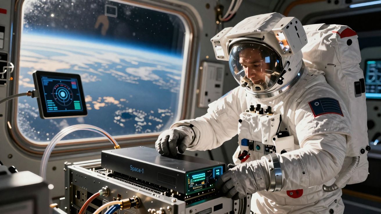 Astronauta em fato espacial a operar equipamento científico numa estação espacial com a Terra visível ao fundo.