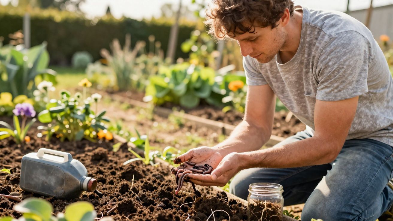 Homem a observar minhocas na mão enquanto está ajoelhado num jardim com terra e plantas.