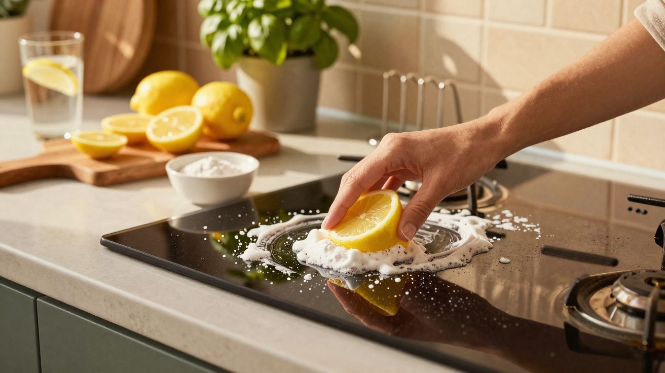 Mão a limpar placa de fogão com espuma branca usando metade de um limão junto a limões e coentro numa bancada.