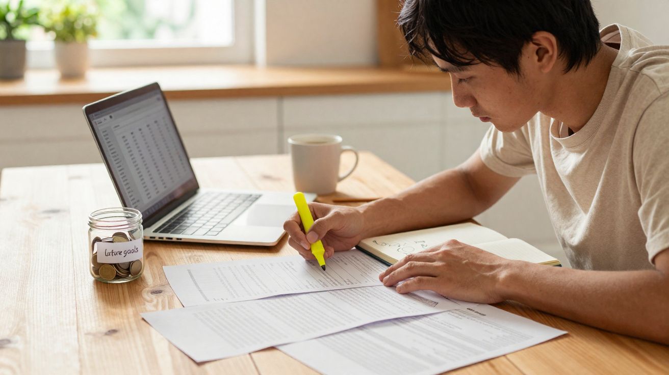Homem a escrever e a destacar documentos numa secretária com computador portátil e jarro de moedas.