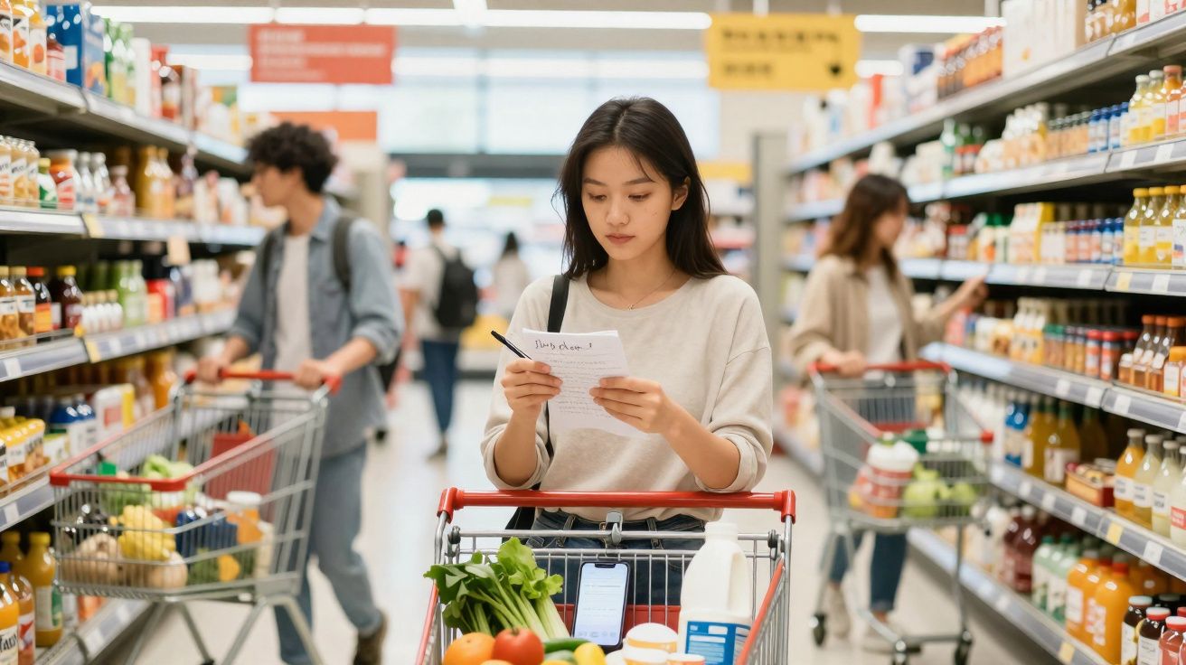 Mulher jovem a consultar uma lista de compras num supermercado entre prateleiras de bebidas.
