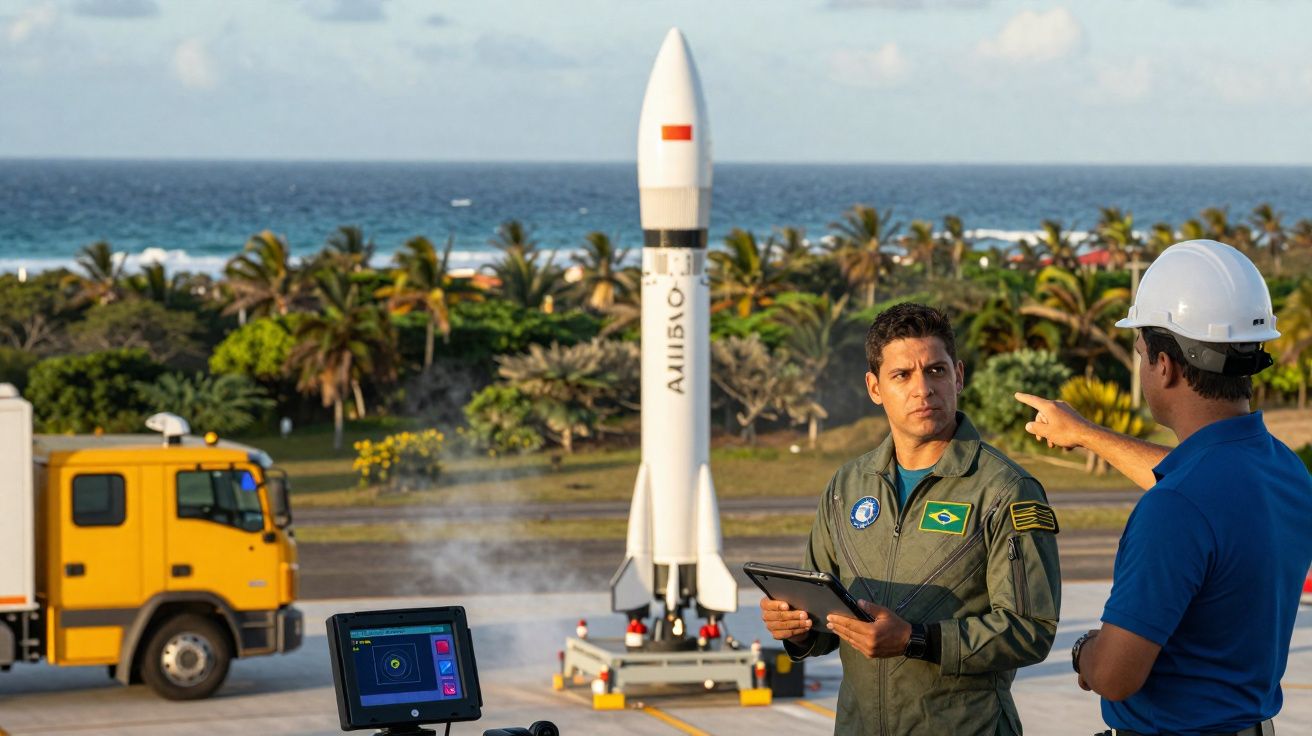Dois homens junto a um foguetão espacial na plataforma de lançamento, com o oceano e palmeiras ao fundo.