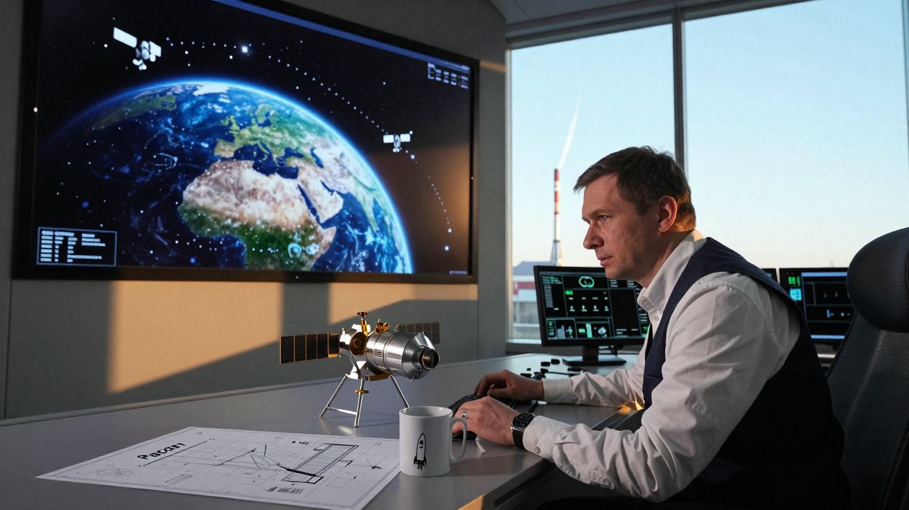 Homem a trabalhar em controlo de missão espacial, com modelos e mapas do satélite Terra à sua frente.