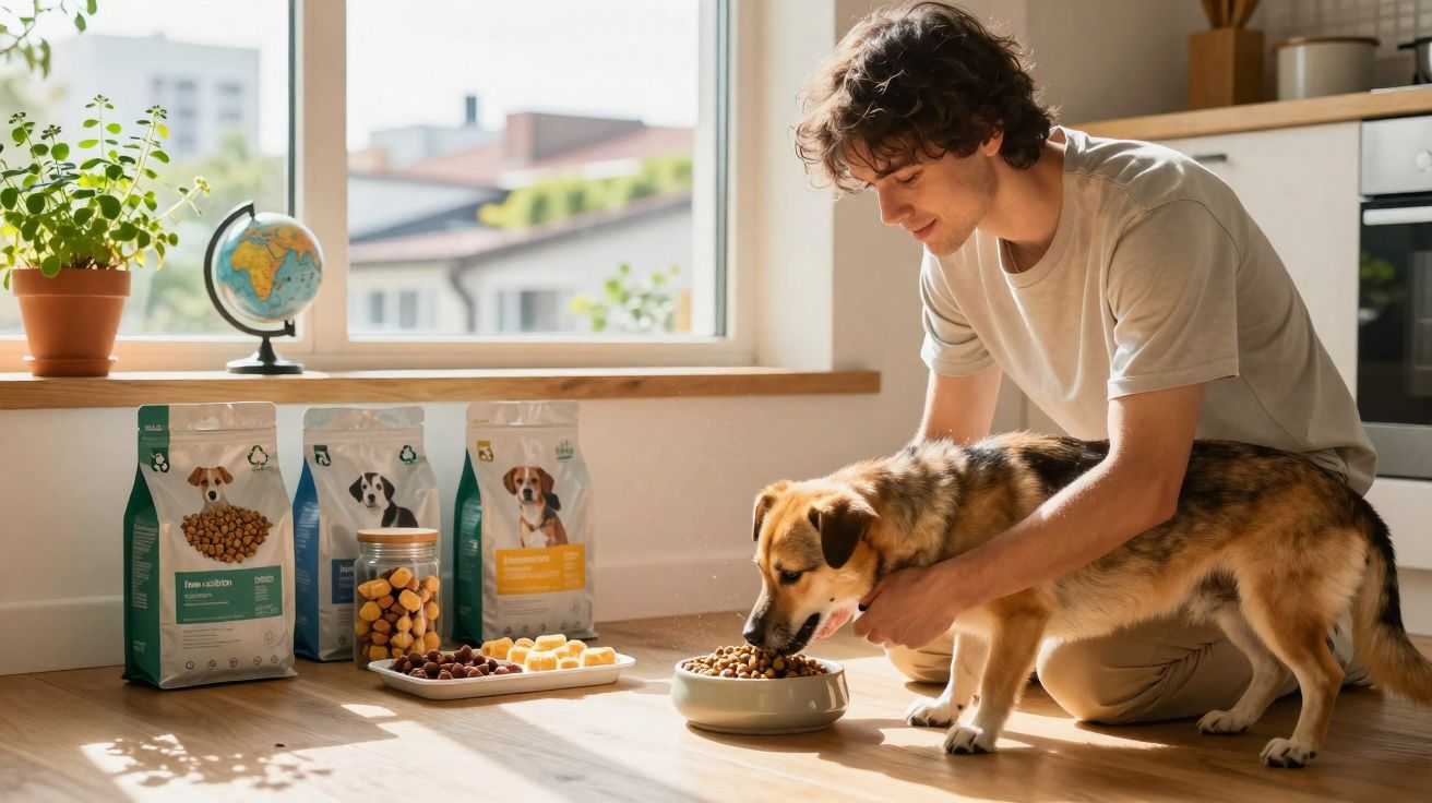Homem alimenta cão com ração numa cozinha luminosa, com sacos de comida e plantas ao fundo.