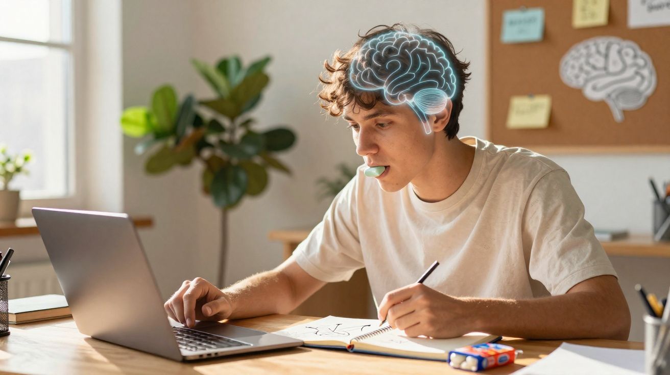 Jovem estudando com computador, a escrever num caderno, com ilustração digital do cérebro sobre a cabeça.