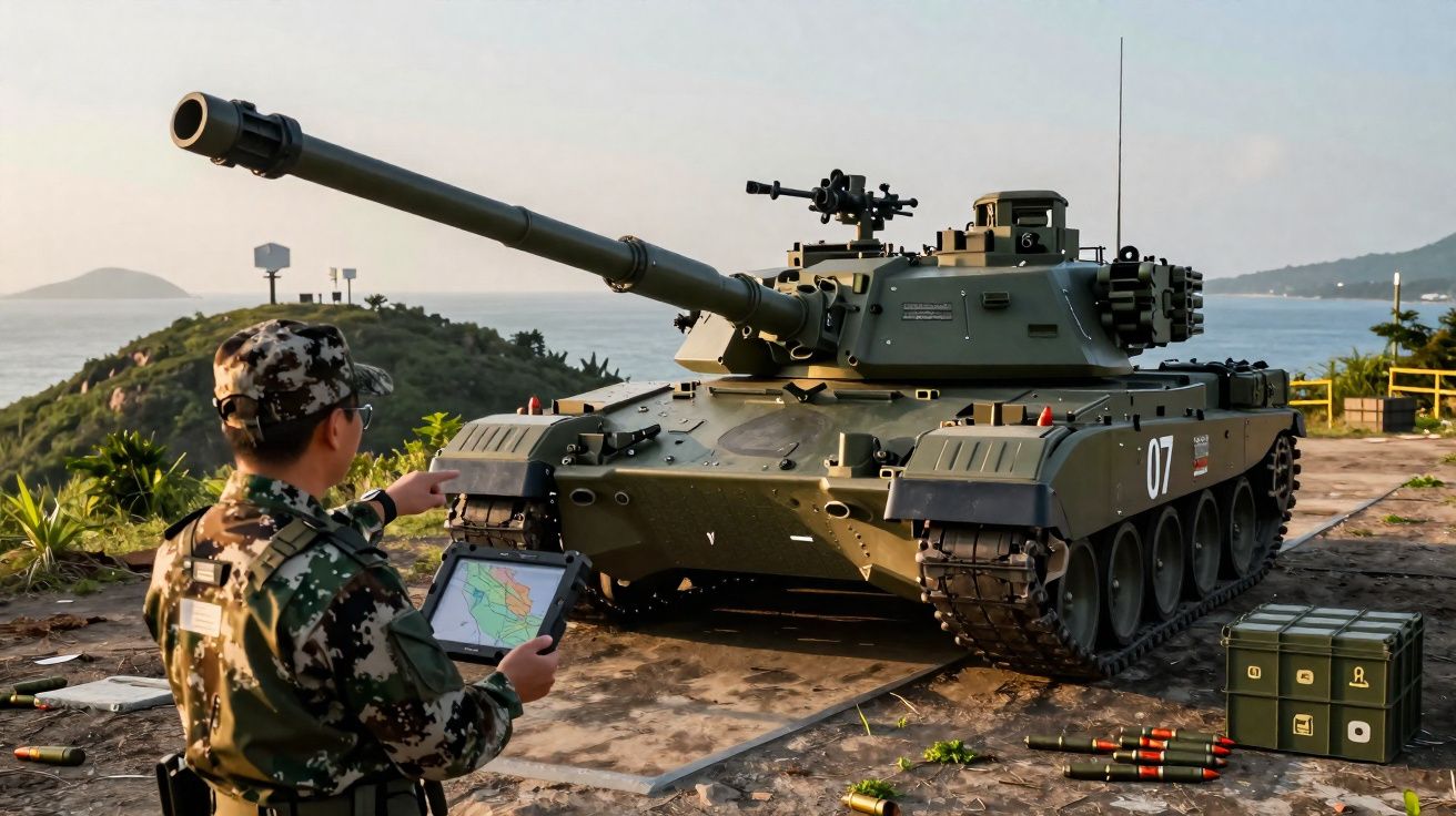 Soldado em uniforme camuflado operando tanque militar verde numa base costeira ao pôr do sol.