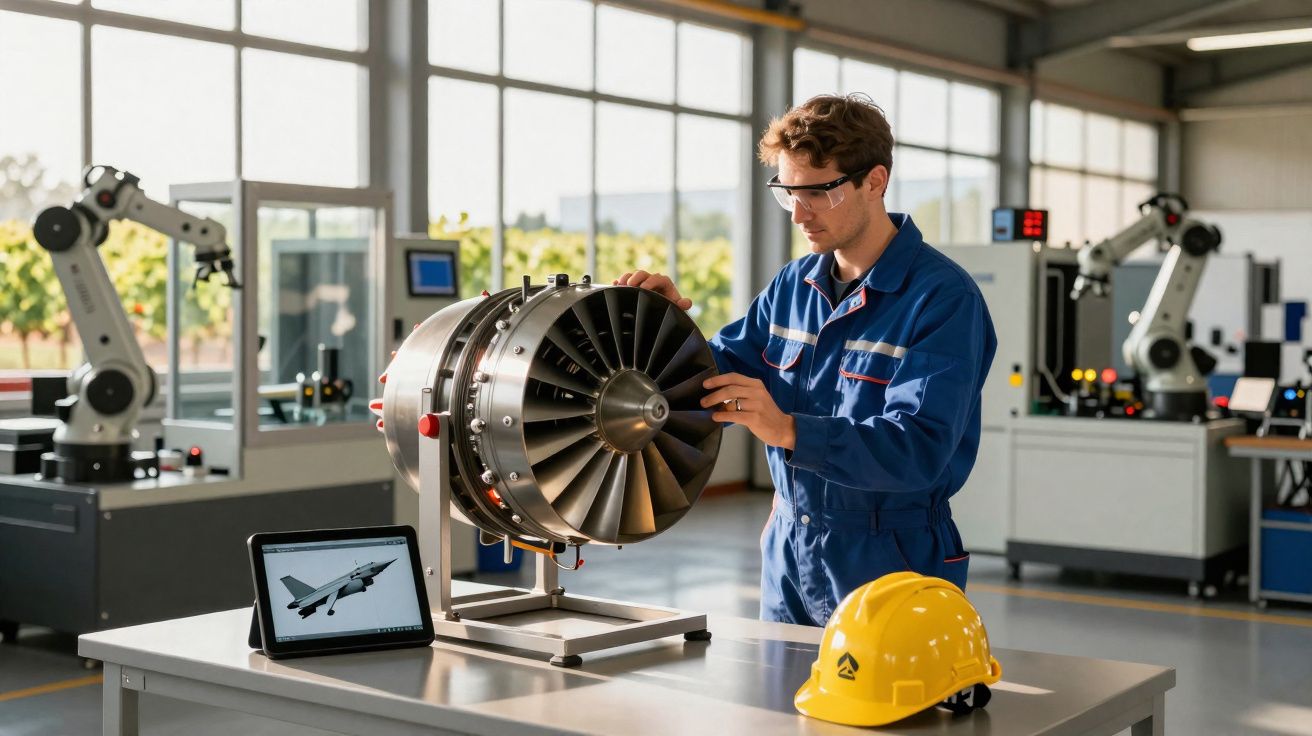Engenheiro em macacão azul a analisar um modelo de turbina num laboratório com equipamento tecnológico.