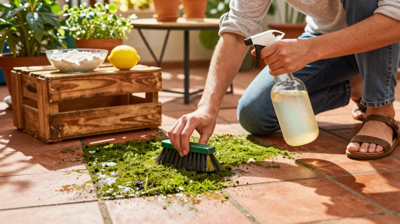 Pessoa a limpar musgo do chão com uma escova e pulverizador num terraço com plantas.