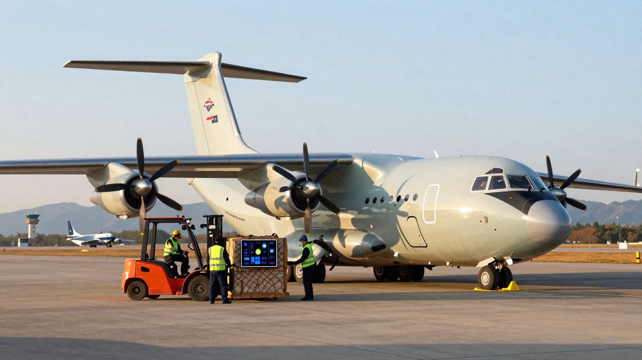 Avião militar cinzento com hélices sendo carregado por trabalhadores com empilhadora num aeroporto.