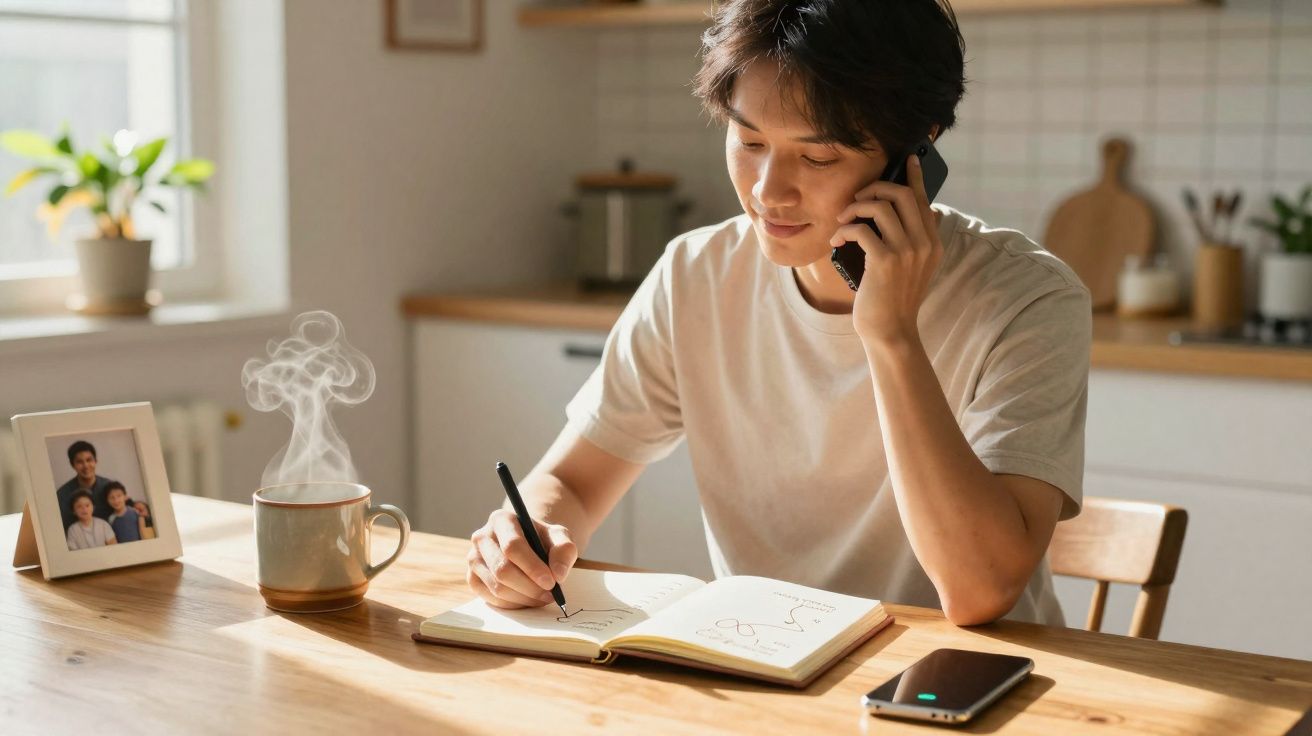 Homem jovem a falar ao telefone e a escrever num caderno numa mesa com chá quente numa cozinha iluminada.