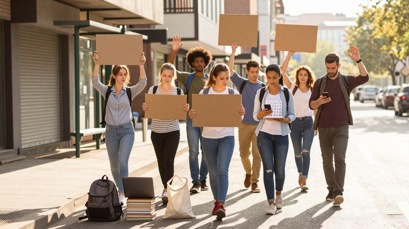 Grupo de jovens com mochilas e cartazes vazios a caminhar numa rua urbana durante o dia.