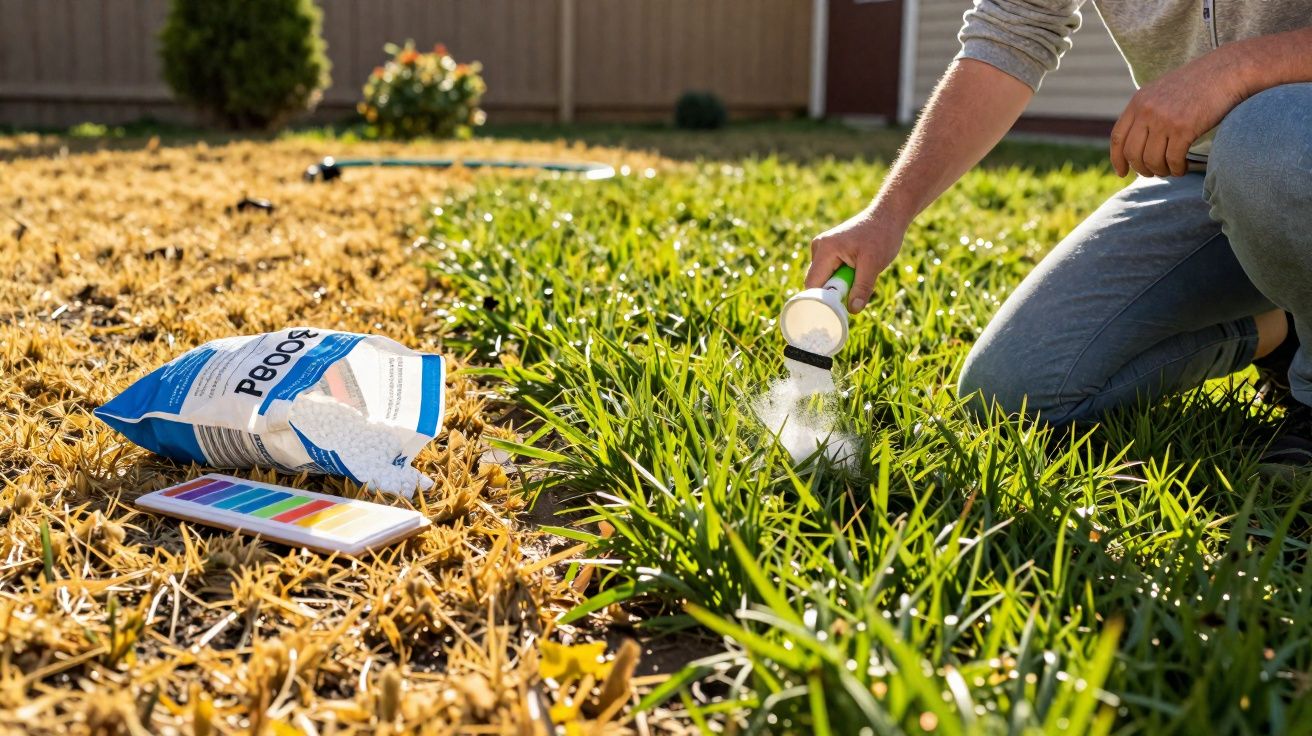 Pessoa a aplicar fertilizante em relva verde ao lado de relva seca num jardim residencial.