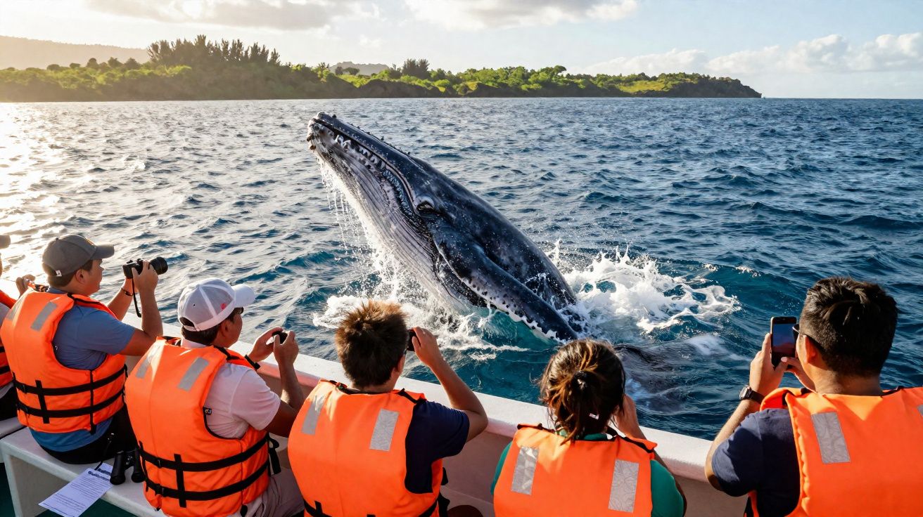 Turistas de coletes salva-vidas observam e fotografam uma baleia a saltar perto de um barco no mar.