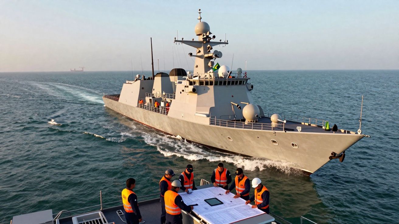 Navio militar cinzento no mar com sete tripulantes a analisar mapas numa embarcação próxima.