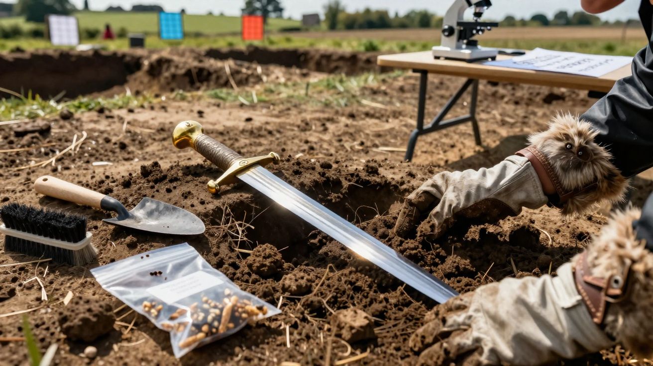 Pessoa com luvas a escavar terra onde está cravada uma espada antiga ao lado de ferramentas de arqueologia.