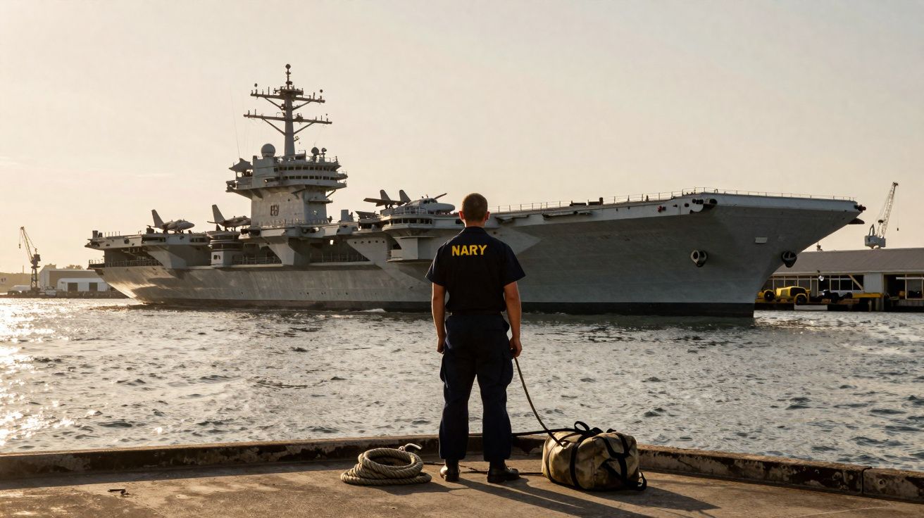 Marinheiro da marinha observa porta-aviões atracado em cais portuário ao pôr do sol.