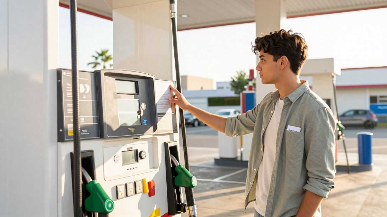 Jovem a operar bomba de combustível numa estação de serviço ao final da tarde.