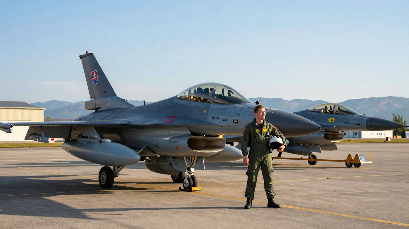 Caça F-16 estacionado numa pista com piloto em fato de voo e capacete na mão, com montanhas ao fundo.