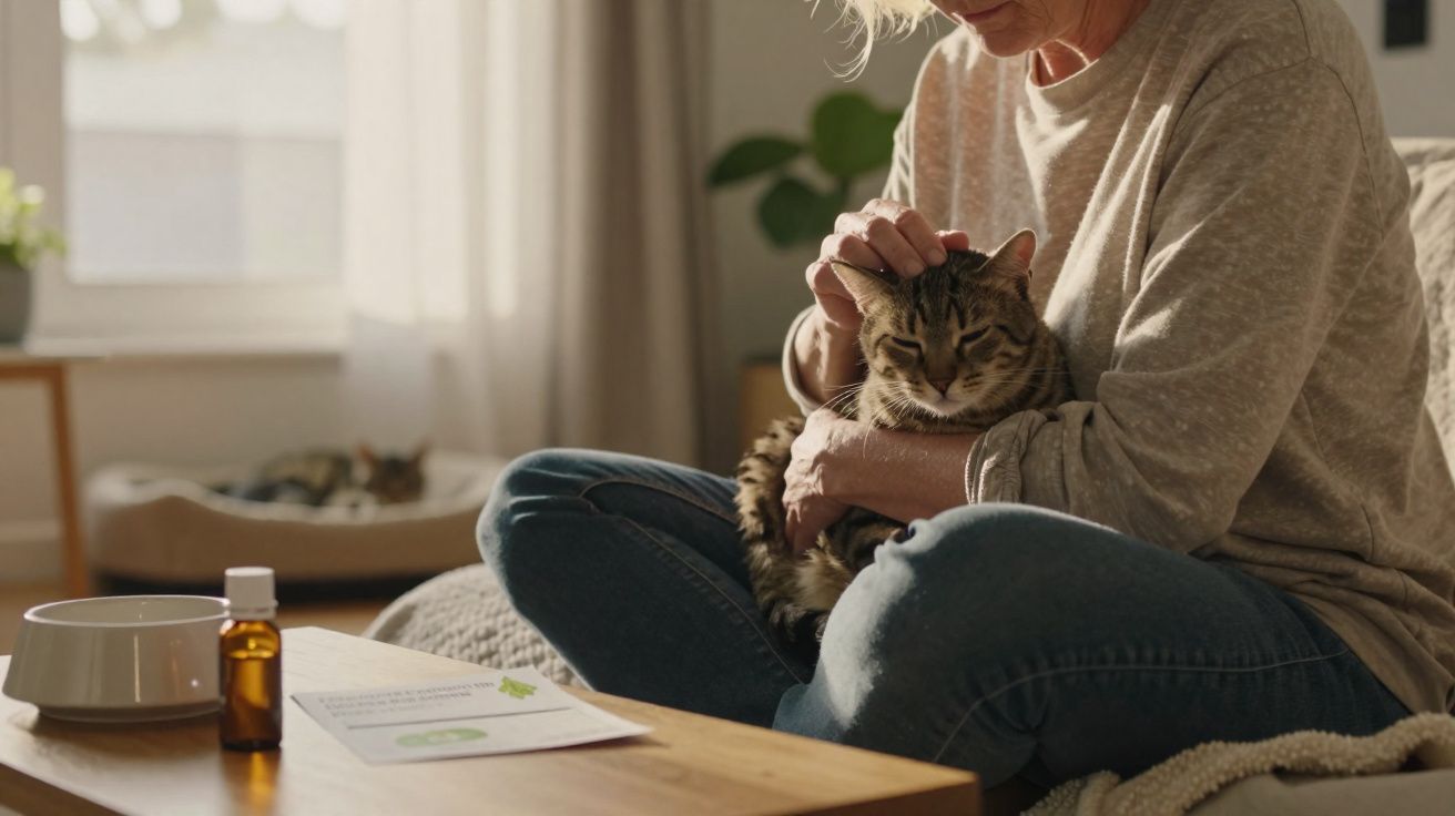 Mulher sentada a aconchegar um gato tigrado num ambiente acolhedor e iluminado.