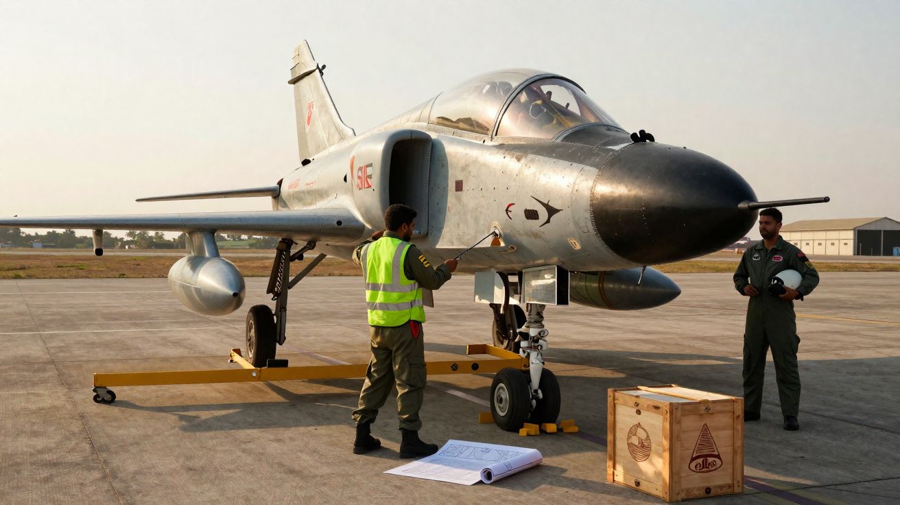 Militar verifica caça supersónico estacionado numa pista com caixa de transporte próxima.
