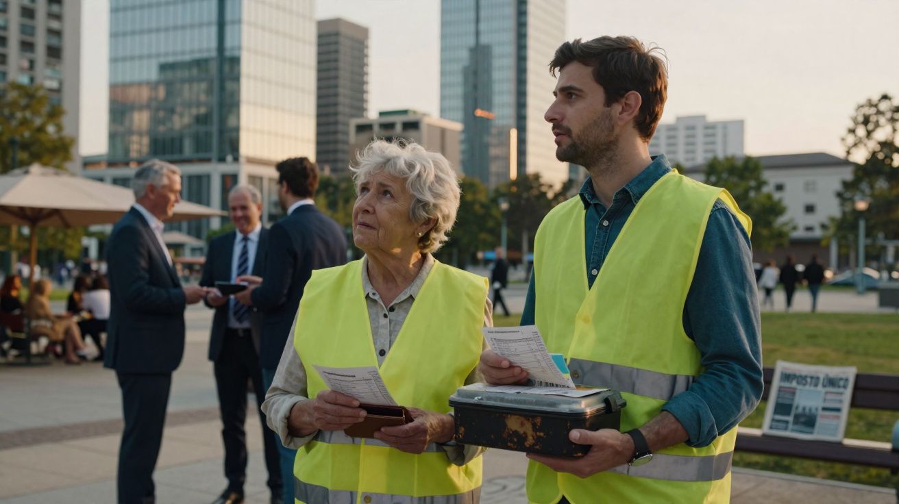 Duas pessoas de coletes refletivos amarelos distribuem panfletos numa praça urbana ao final do dia.