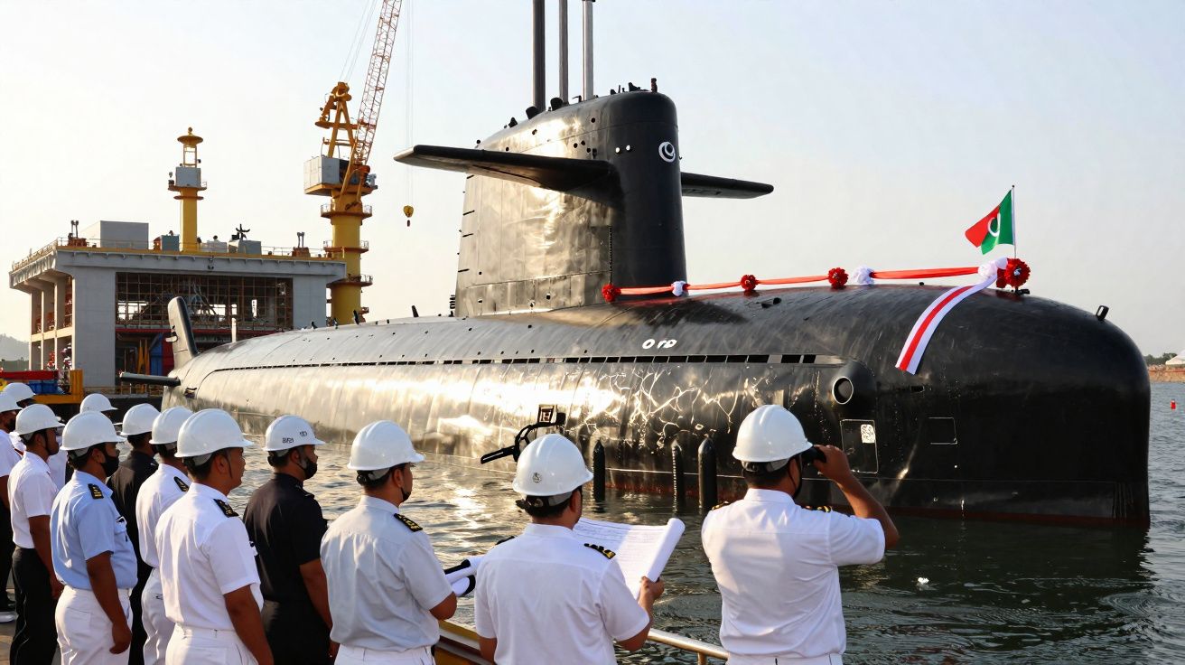 Grupo de militares em cais observando um submarino preto atracado com decoração de fita e bandeira.