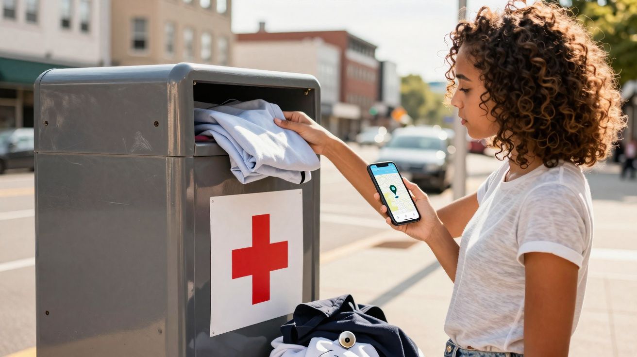 Mulher a doar roupa num contentor da Cruz Vermelha, segurando um telemóvel na mão direita.