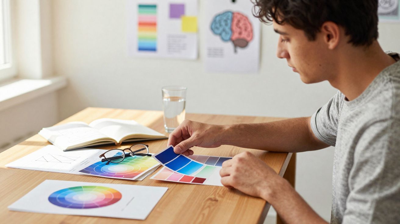 Homem a escolher tonalidades de azul numa paleta de cores, sentado à mesa com livros e gráficos coloridos.