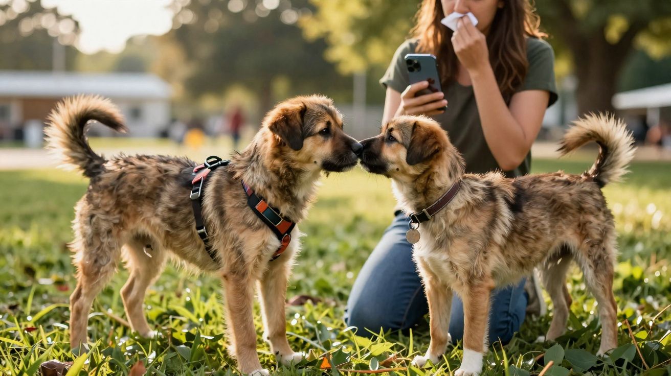 Dois cães de pelo castanho a cheirar-se enquanto uma pessoa segura um telemóvel e se assoa no parque.